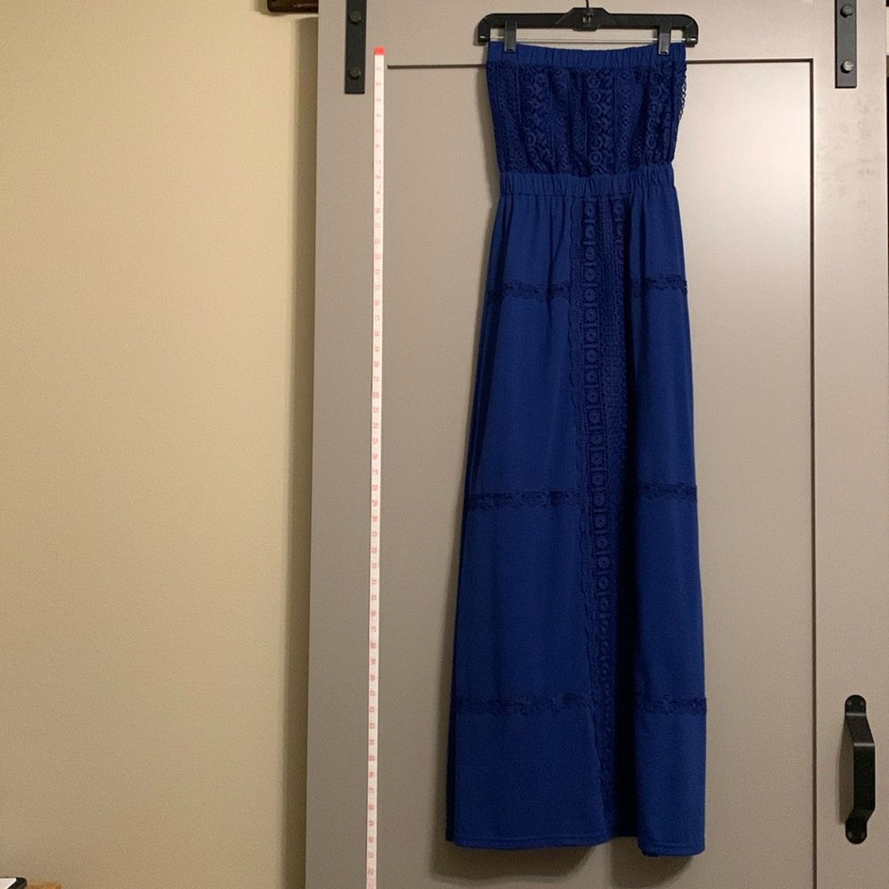 Shinestar Royal Blue Bohemian Eyelet Lace Strapless Lined Maxi Dress Size Small
